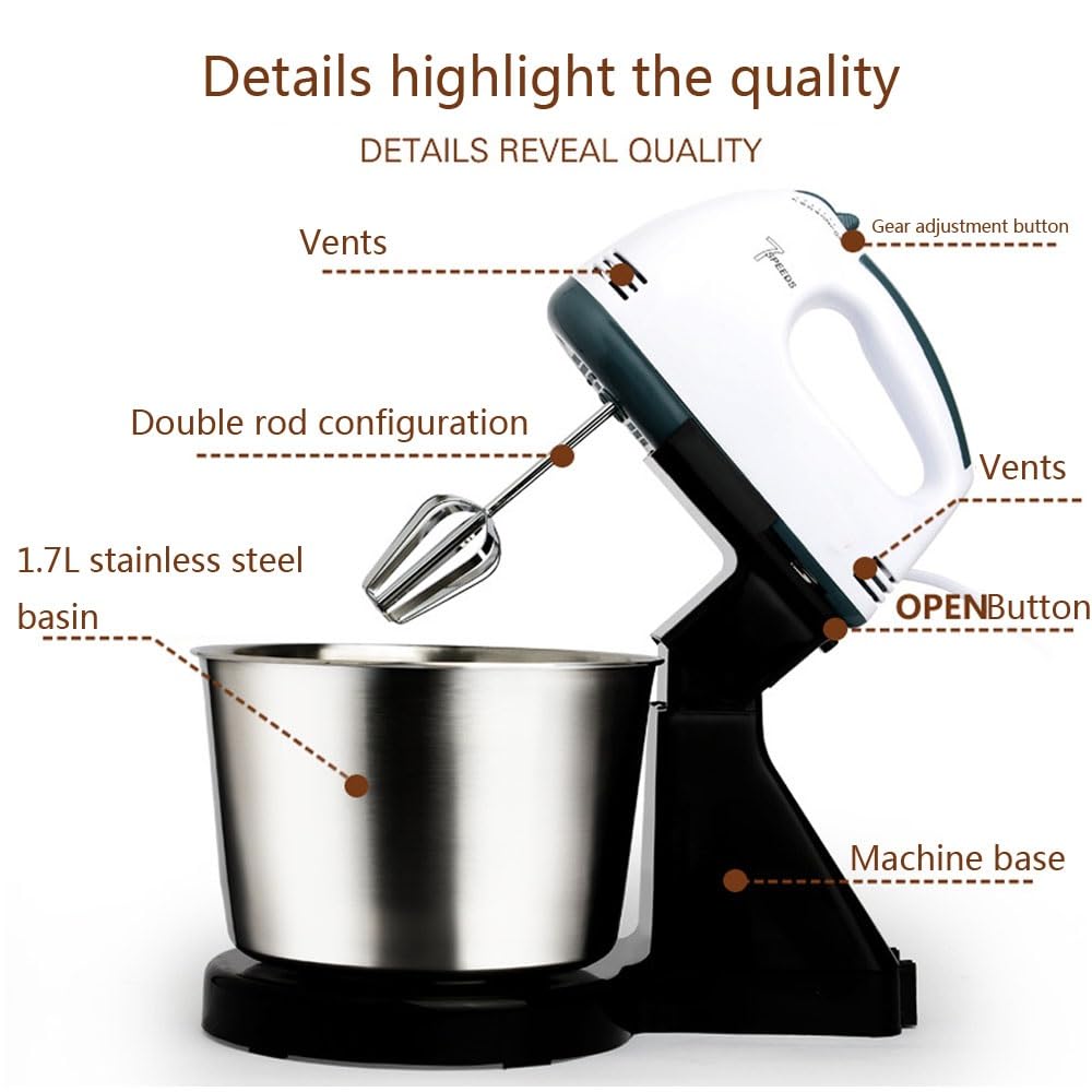 Batidora De Pie Para Repostería Mezclador Y Procesador De Alimentos De Doble Uso, Portátil Y De Sobremesa 5 Velocidades Multifunción Batidora De Acero Inoxidable De 1,7 L Para Pasteles, Masas, Pan