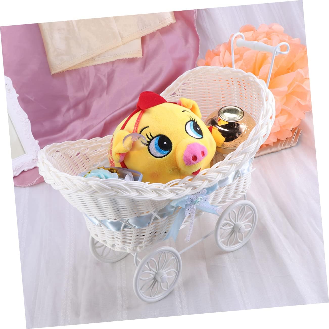 Healifty Tricycles Stroller Ornament Rattan Flower Basket Home Wedding Shower Birthday Decor Rustic Boho Carriage Favor Gift