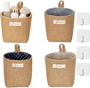 4 Pack Wall Hanging Storage Bags Hanging Storage Bags Cotton Linen Storage Basket Foldable Wall Hanging Basket Family Organizer Box Decorative Bag Brown3.93 * 3.93 * 5.31