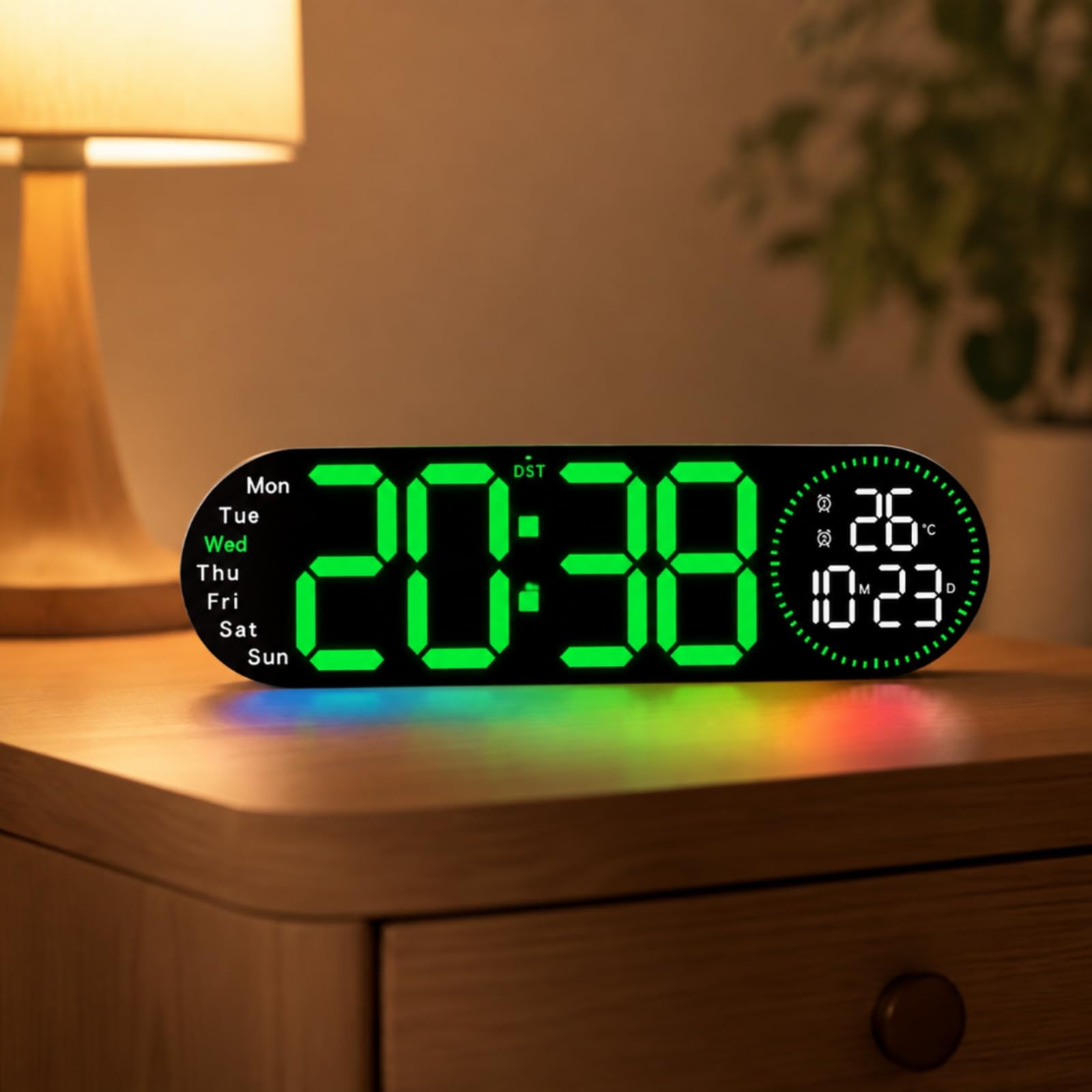Colcolo Reloj Digital de Pared con Números Indicador a la Izquierda y Temperatura con Fecha a la Derecha Luz Ambiental Discreta y Carcasa de Plástico y PVC, Azul