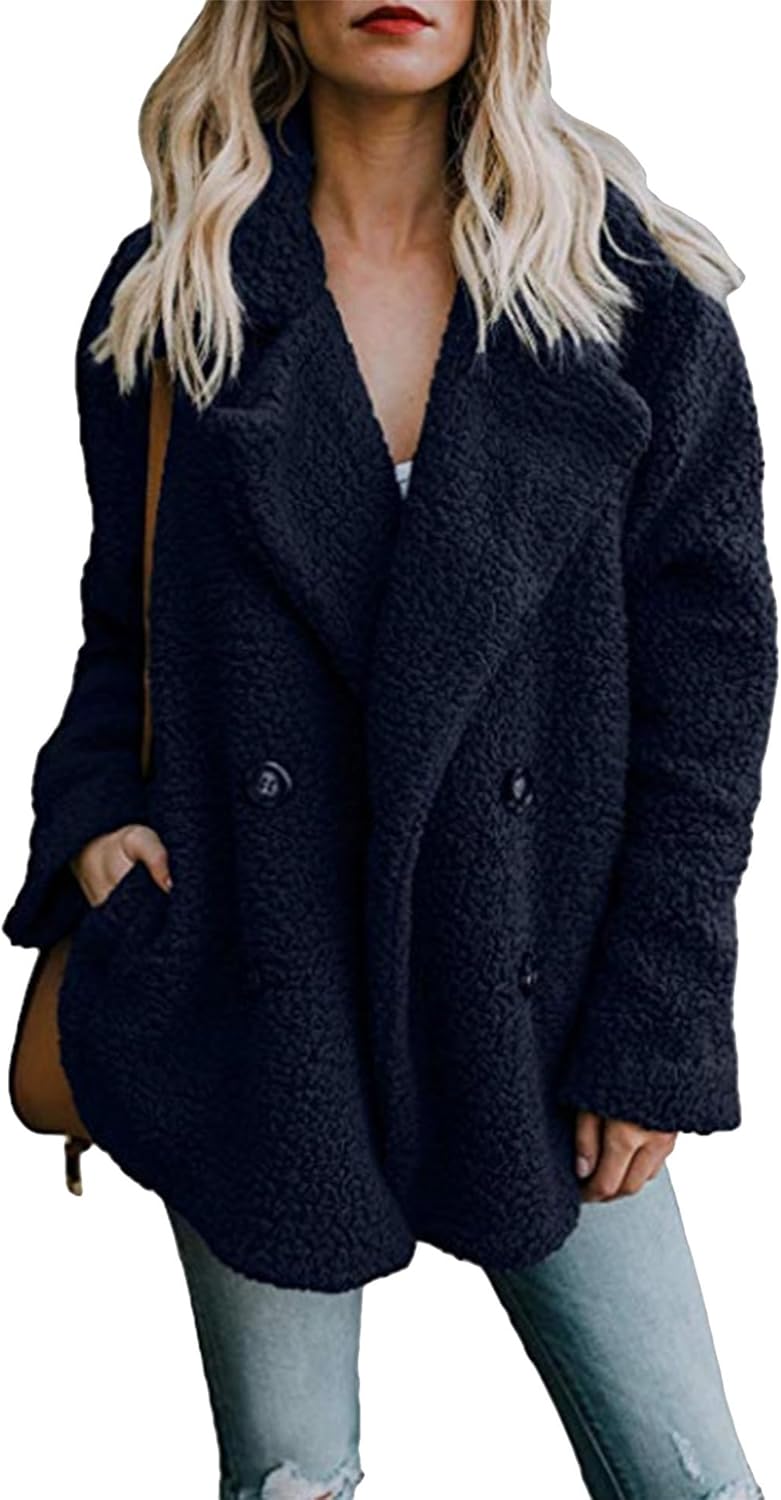 GRASWE Women's Winter Long Sleeve Lapel Coat Faux Shearling Shaggy Oversized Jacket With Pockets