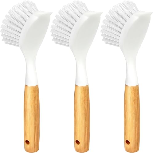 Vista 19 de Holikme Juego de 3 cepillos para platos con mango de bambú, cepillos de cocina para limpiar ollas, fregadero y estufa, limpiador de sartén