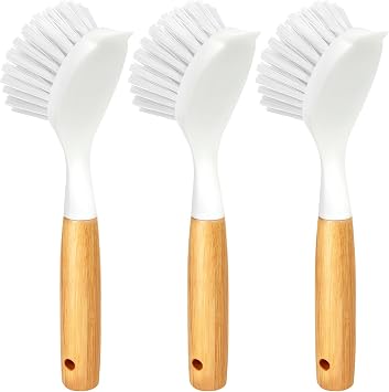 Holikme 3 Pack Dish Brush Set with Bamboo Handle, Kitchen Cleaner for Cleaning Pasta Plate, Salad Bowl, Scrubber with Soft Bristles, White