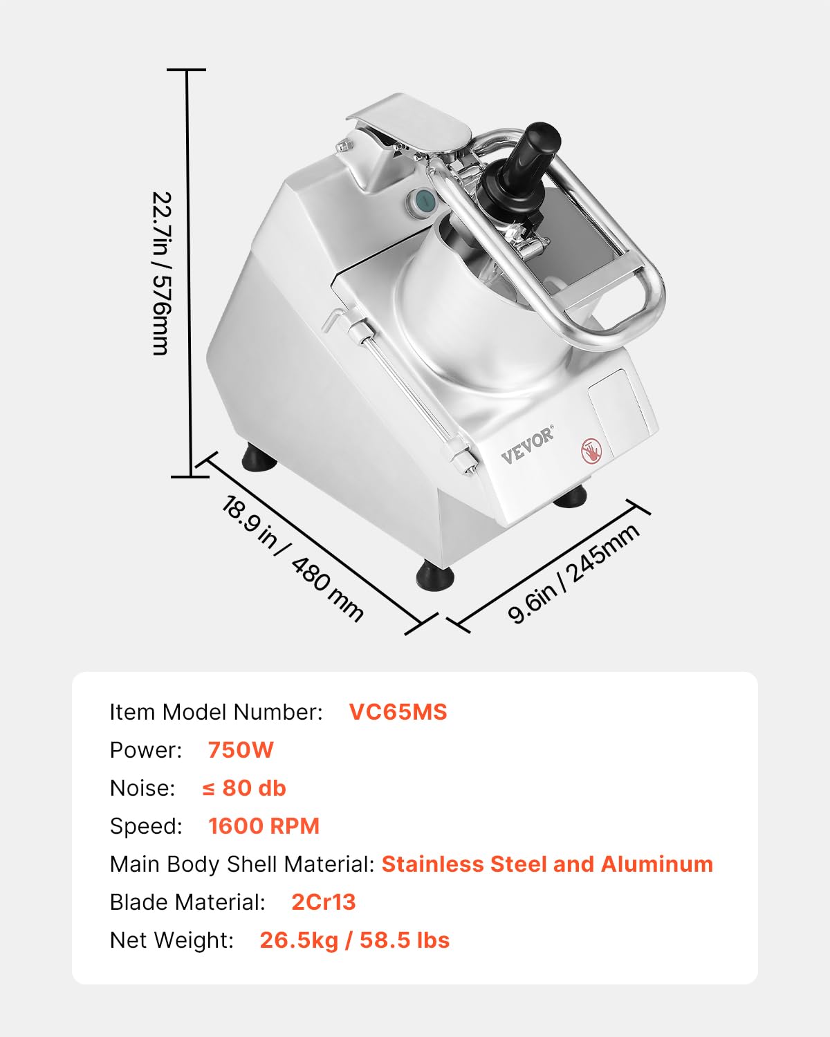 VEVOR Robot da Cucina e Tritatutto per Verdure, 2 Fori di Alimentazione, Robot da Cucina in Acciaio Inox per Uso Alimentare con 6 Lame Staccabili, Grattugia 3 mm/5 mm/7 mm/10 mm Affettatrice 2 mm/4 mm