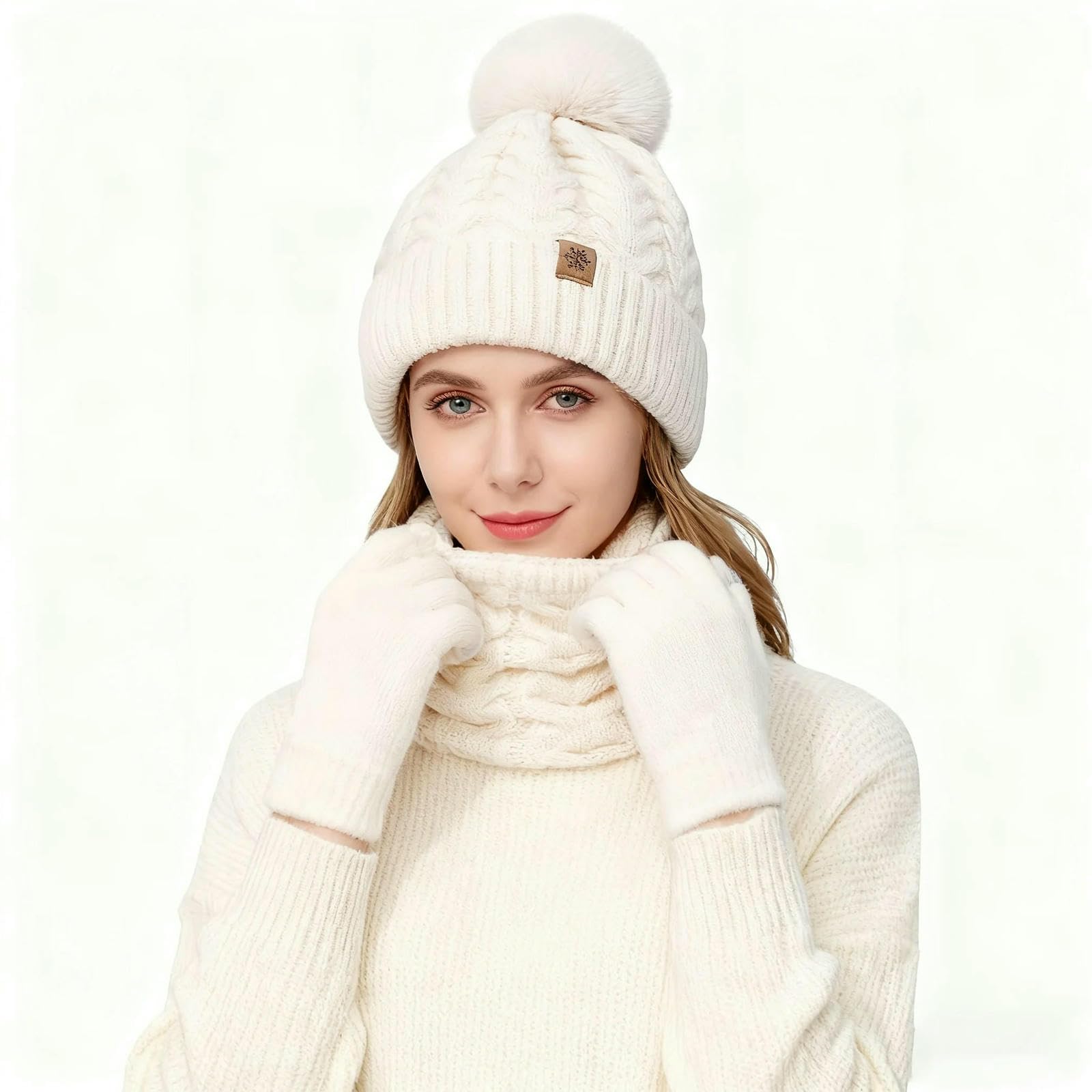 Mütze,Schal & Handschuh-Sets 3-teiliges Damen-winterset – Strickmütze, Touchscreen-Handschuhe Und Umwandelbarer Halskettenschal, Bestehend Aus Wintermütze, Schal Handschuhen -schwarz-3 Stück