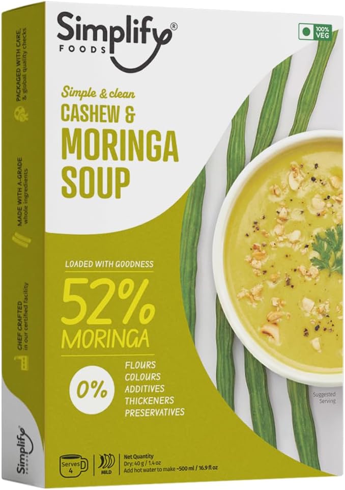 Foods Cashew & Moringa Instant Soup | Made with 52% Real Moringa Pulp | Pack of 1 (Makes 500ml) | Just Add Hot Water | No Cooking Required | Clean Label | 0% Additives or Preservatives