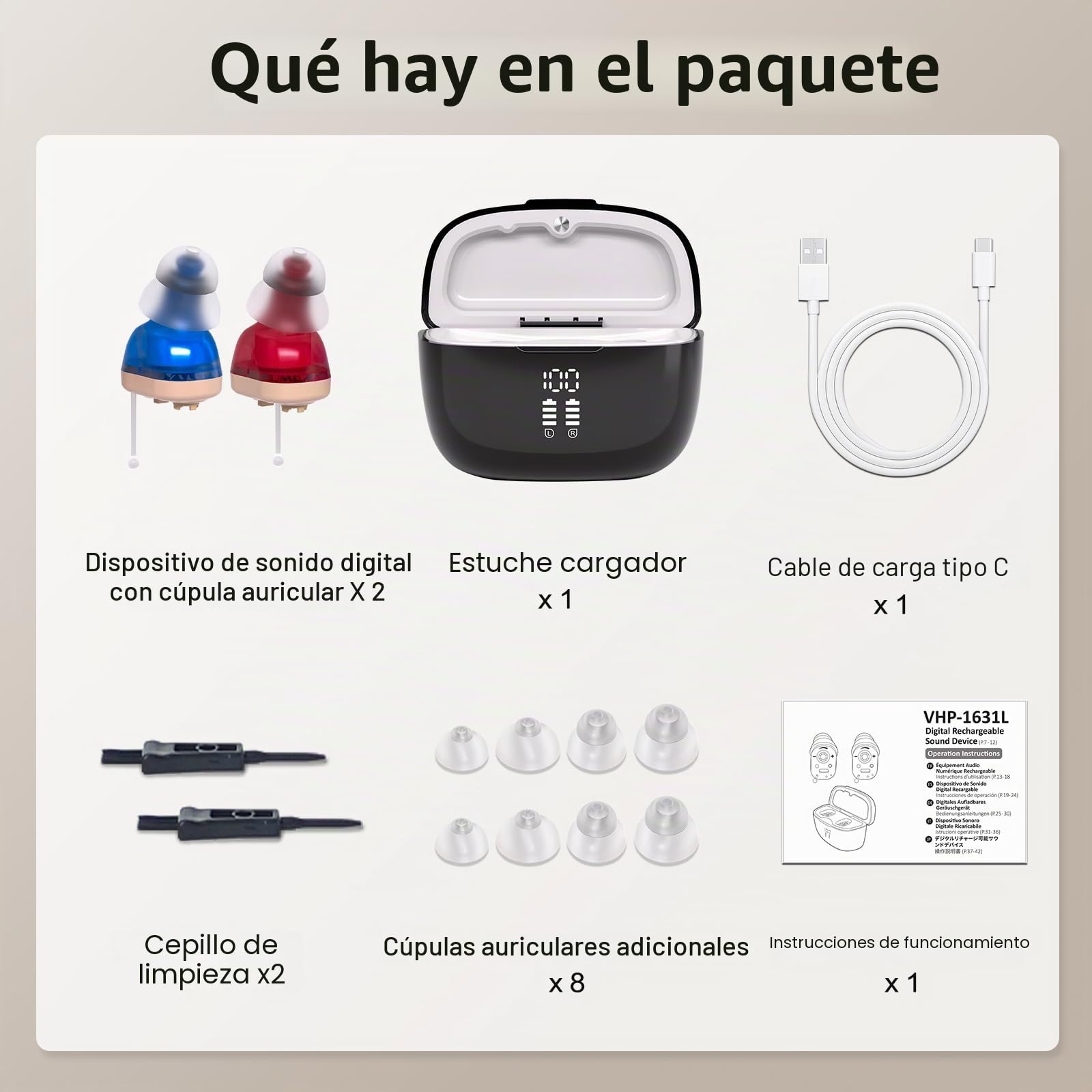 Dispositivos de sonido recargable con caja de carga- Encendido/apagado automático, volumen ajustable, diseño discreto, energía durante todo el día