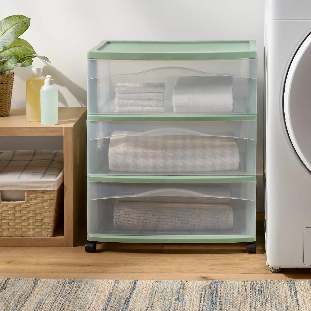 3-Tier Rolling Cart with Clear Drawers, Mobile Storage Organizer for Bathroom, Bedroom and Kitchen, Wide 3 Drawer Utility Cart in Green, 22x15x26 Inch