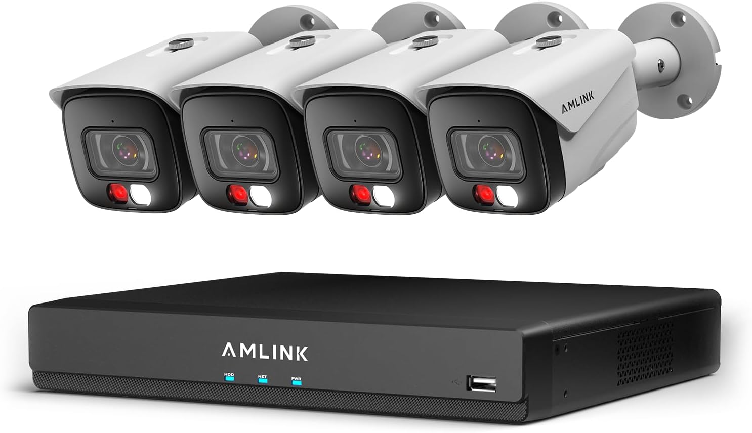 AMLINK 4K POE Security Camera System Outdoor, 8CH POE NVR, 4pc 4K Bullet Camera, Human/Vehicle Detection, IP67, Deterrent, Two Way Audio, Hard Drive Not Included, ALN-4108E-B8199EW4
