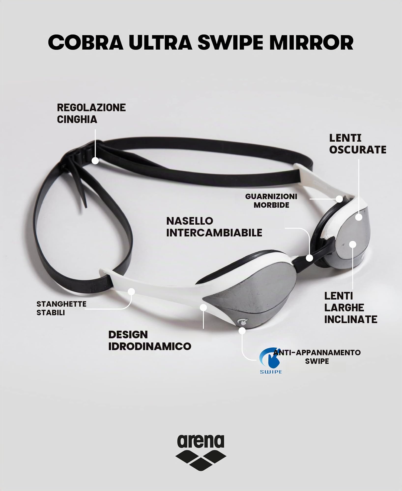 ARENA Cobra Ultra Swipe MR, Occhialini Unisex Adulto, Silver-White, TU & Astuccio per Occhialini da Nuoto, Custodia Occhialini, Astuccio Rigido, Goggle Case, Colore Nero