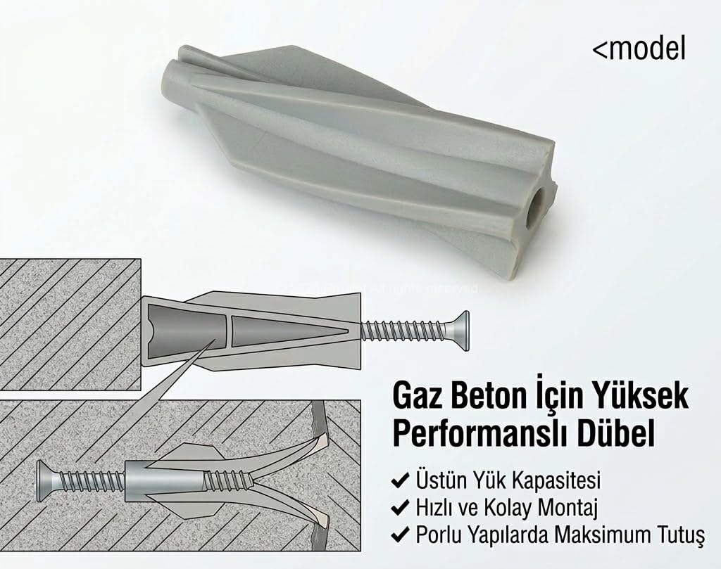 Proalet Gazbeton ve Ytong Dübeli - Yüksek Taşıma Kapasiteli, Kanatlı Tasarım - 100 Adet Paket (8 mm)
