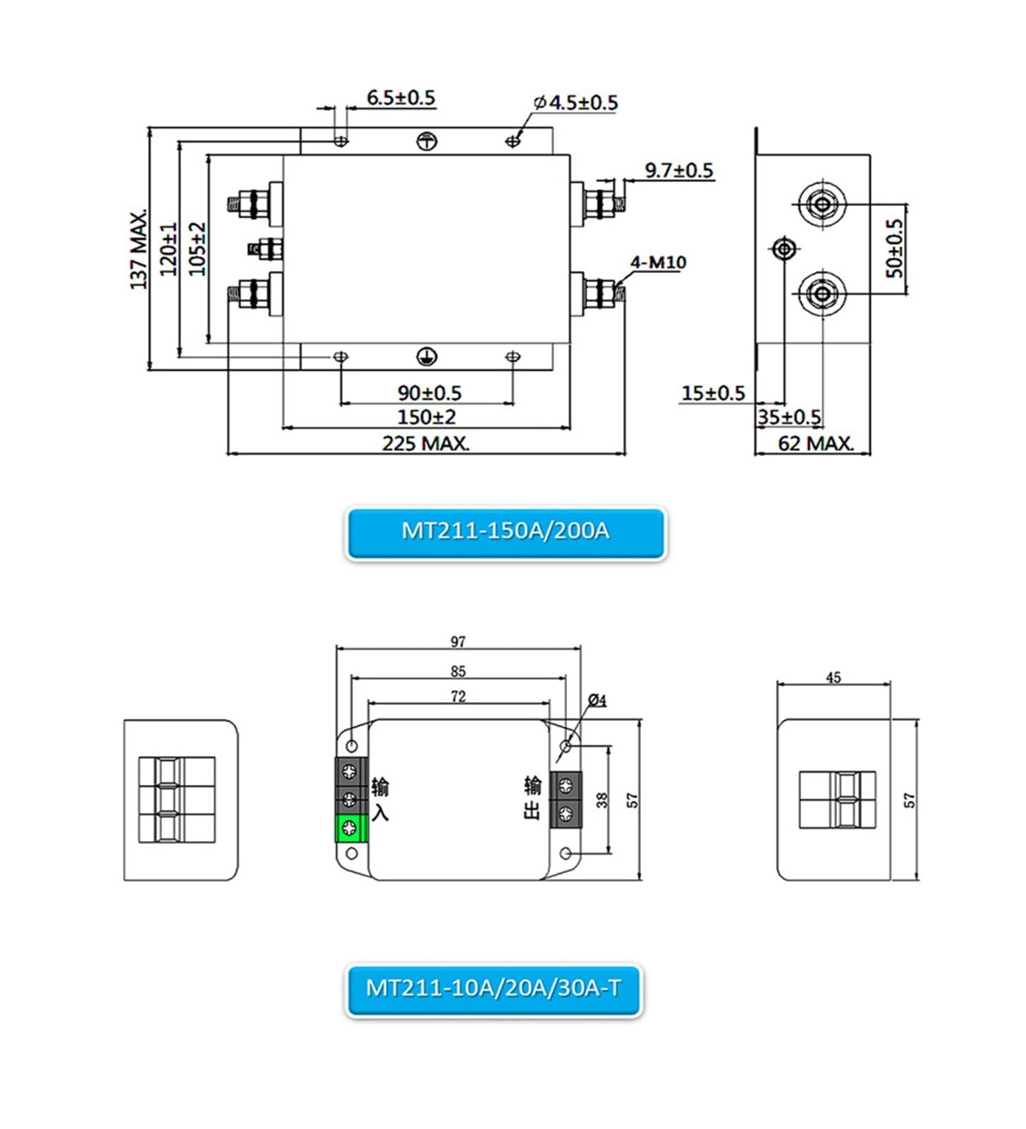 Filtre monophasé à Section Unique, 220V AC, 3A 6A 10A 20A 30A 50A 60A 80A 100A 120A 150A 200A(MT211-150 150A Screw)