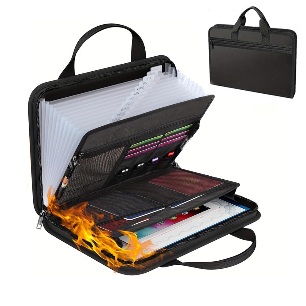 Fireproof Document Organiser, 13 Pockets Expanding File Folder with Labels & Zippe, Portable Waterproof File Organiser with Multi-Pockets Folder for A4 Documents Receipt and More(Black with Handle)
