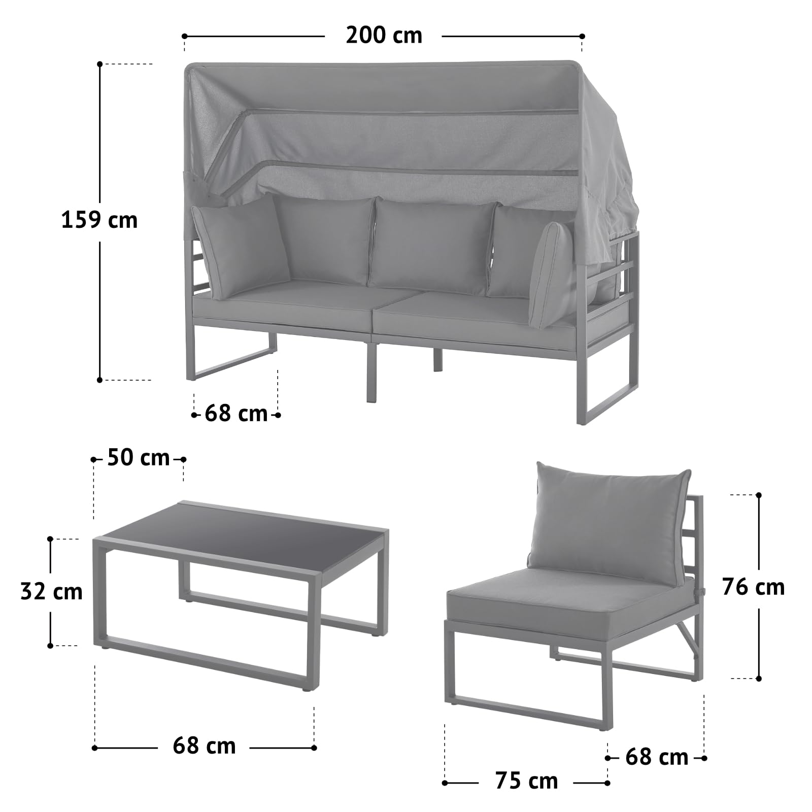 SVITA Maui Gartenmöbel-Lounge-Set mit Dach Outdoor-Sofa Strandkorb-Sonneninsel Stahl Grau