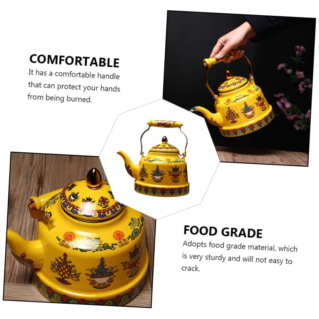 Tetera de Esmalte Diseño Artístico y Antiguo, Tetera Práctica y Sanitaria para Aficionados del Té en Oficina y Hogar