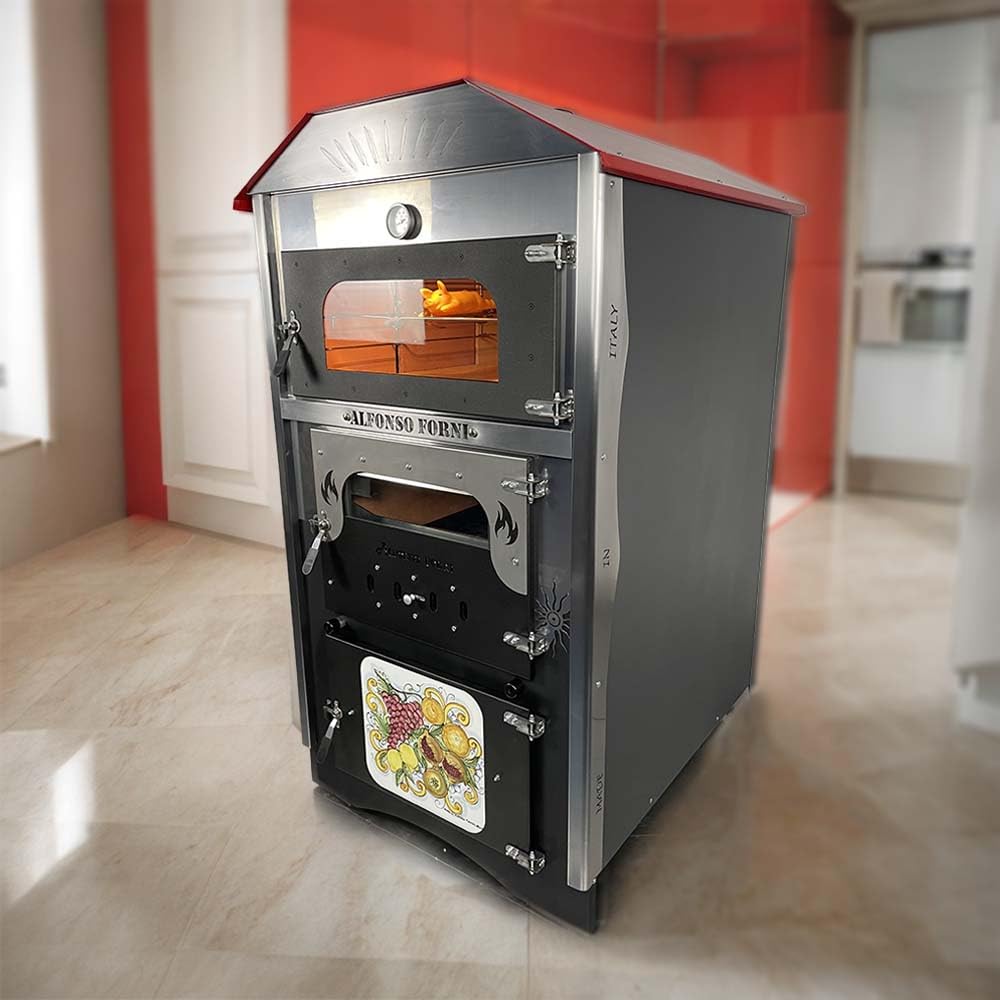 Forno a Legna Fuoco Indiretto Portatile In Acciaio Da Esterno Ventilato+Girarrosto In Mattoni Refrattari 3 Piani Cottura Pizza Pane Pollo Kebab Pesce Luxor-V2-Plus Top