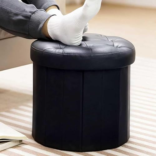 AmasSmile Taburete plegable otomano de almacenamiento, reposapiés pequeño de cuero de 14 x 14 x 13 pulgadas, banco otomano corto, almacenamiento de
