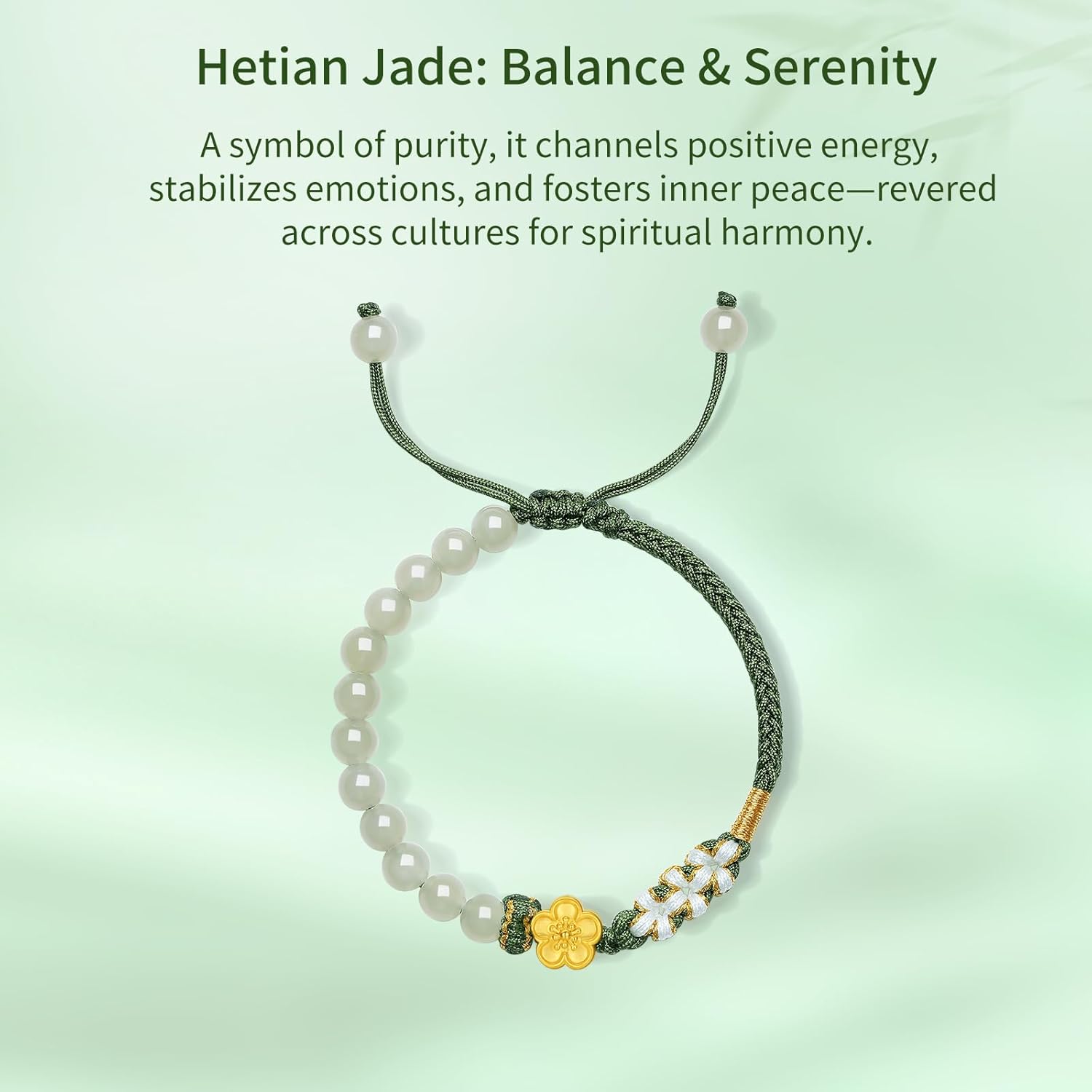 24K Solid Gold Flower Bracelet Real Gold Floral Charm Green Jade Natural Gemstone Beads Braided Bracelet Dainty Jewelry for Women Daughter Girlfriends Birthday 6.3-8.7"(16+6cm) Y1714377 - Image 4