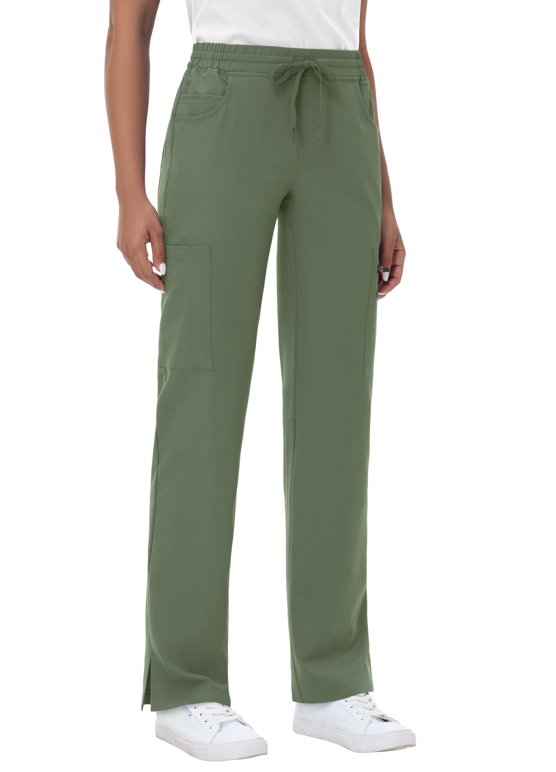 MIVEI Straight Leg Scrub Pants for Women with 8 Pockets High Rise Modern Classic Fit Cargo Scrub Bottom Flare Drawstring