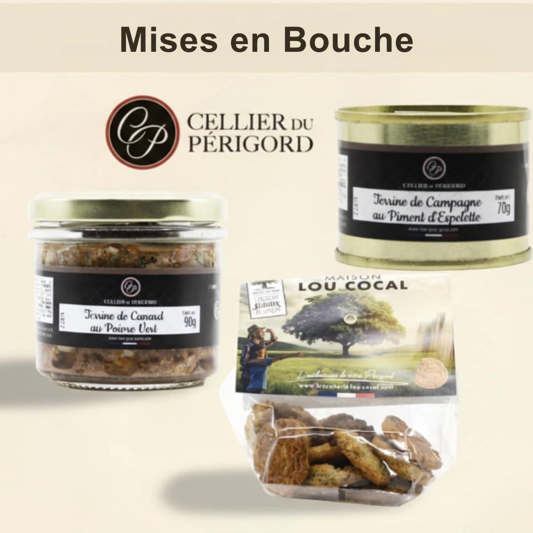 Cellier du Périgord Panier Gourmand Shopping Bag - Vin Blanc | Shopping bag 7 produits : vin blanc AOP Côtes de Bergerac 37,5cl, terrines poivre vert et piment, sablés et truffes cacao