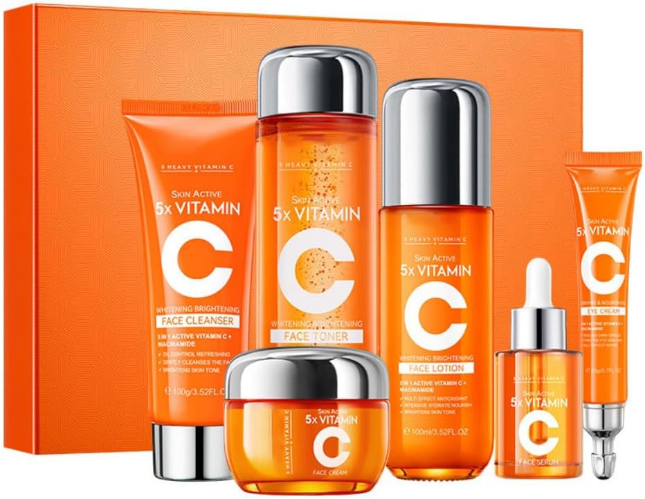Vitamin C Brightening Skincare Set, 6-Piece Face Care Routine | Includes Cleanser, Toner, Emulsion, Serum, Cream & Eye Cream to Hydrate, Improve the Look of Dull Skin