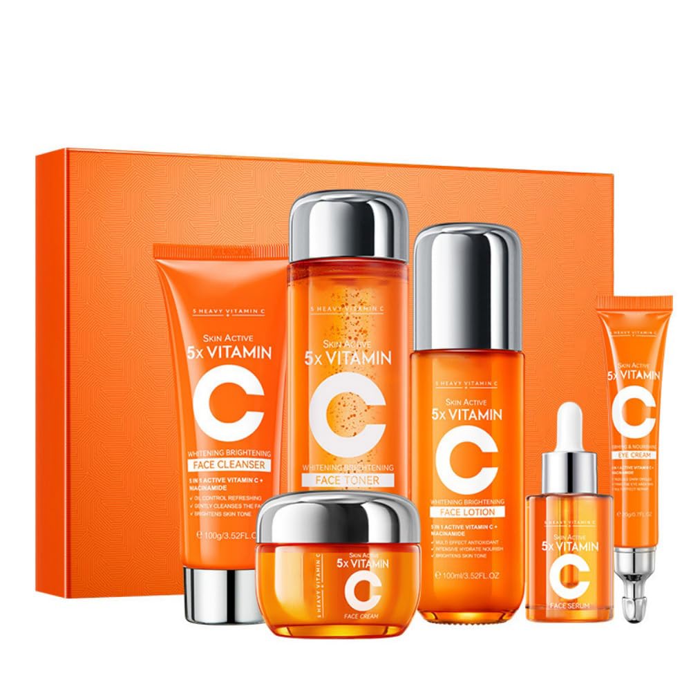 Vitamin C Brightening Skincare Set - 6-Piece Routine with Toner, Emulsion, Serum, Cream, Cleanser & Eye Cream - Helps Improve Dullness & Dark Spots, Radiant Glow - All Skin Types