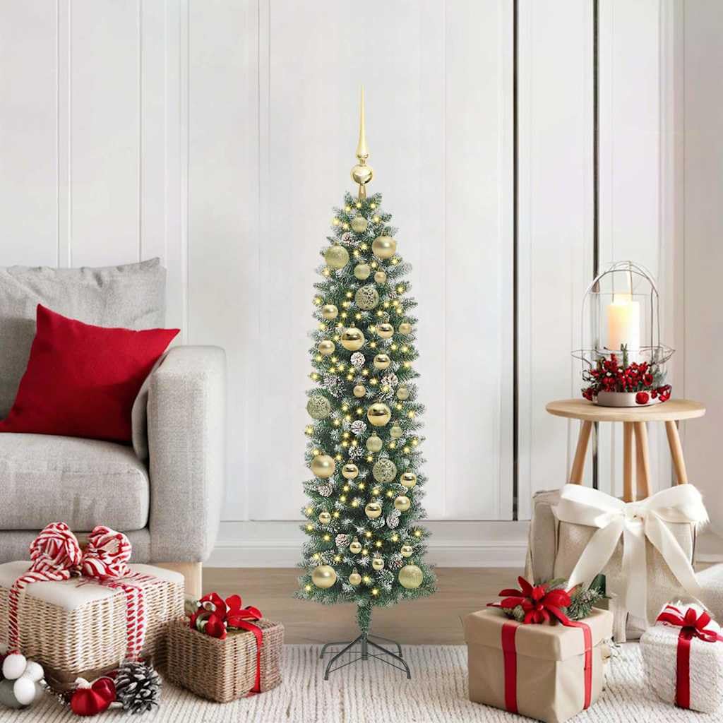 Albero di Natale artificiale sottile verde bianco 120 cm con 150 LED bianco caldo 8 modalità, punte in PVC alimentate USB per interni, decorazione festiva