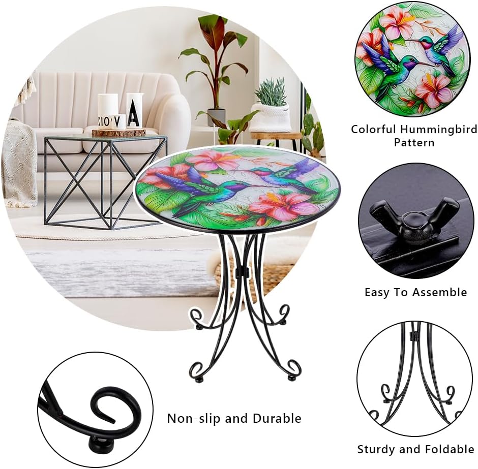 18 Inch Outdoor Side Table, Hummingbird Metal Accent Table, Indoor Small Round End Table, Plant Stand Tables for Outside Yard Balcony Garden Bedside