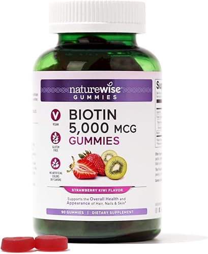 NatureWise Gomitas de biotina  Vitamina para el cabello, la piel y las uñas  Biotina 5000 mcg apoya la fuerza del cabello y las uñas  Sabor fresa y