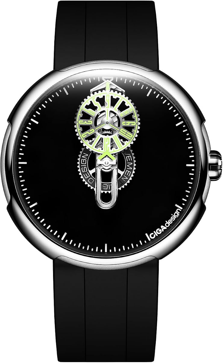 Relojes automáticos Wandering Hour de CIGA Design, cifrado de tiempo, CAJA de acero de 45 MM | Movimiento de desarrollo propio, esfera Super Black, caja de acero 316L, Super-Luminova, correa de goma fluorada, cristal de zafiro