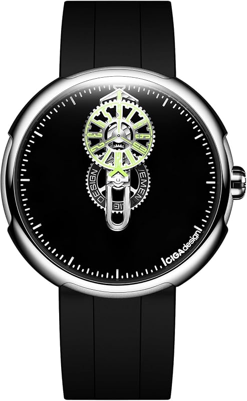 Relojes automáticos Wandering Hour de CIGA Design, cifrado de tiempo, CAJA de acero de 45 MM | Movimiento de desarrollo propio, esfera Super Black, caja de acero 316L, Super-Luminova, correa de goma fluorada, cristal de zafiro