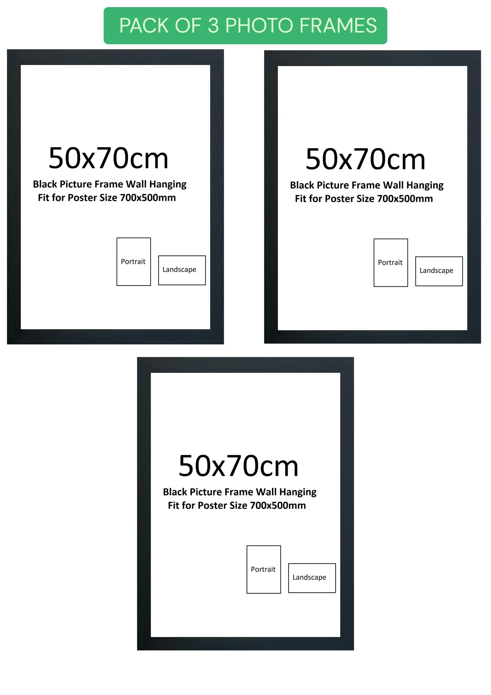 50x70 cm (Pack of 3 frames) Wooden Photo Frame - Black Picture Frames 50 x 70 cm - 70x50cm Photo Frames - 500x700 Black Poster Frame