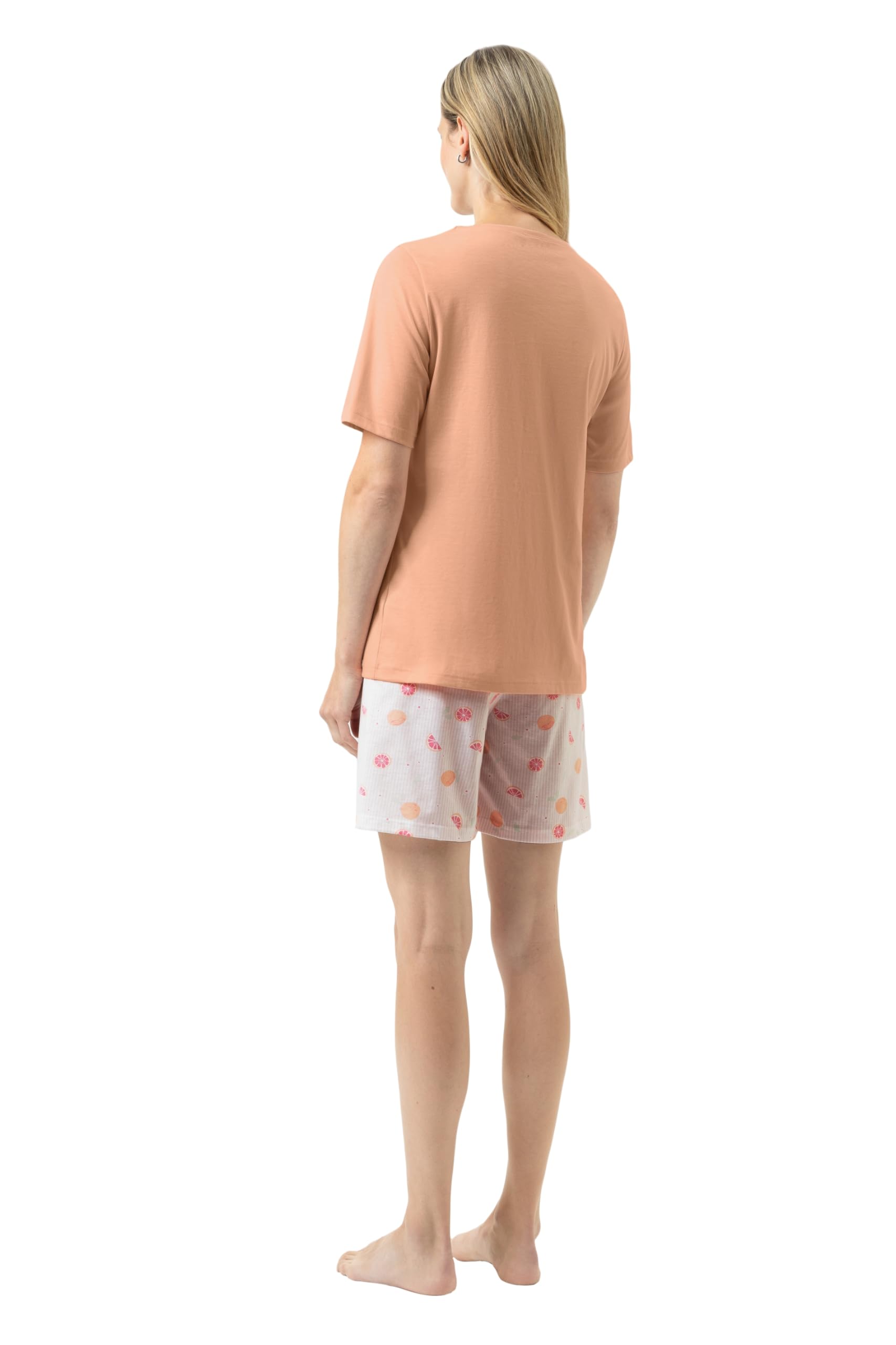 Mey Damen Anzug kurz: 2-teiliger Sommer-Pyjama, Legere Passform, Unifarbenes Shirt, Hose mit Allover-Print, Hautfreundlich und atmungsaktiv, Single-Jersey-Qualität, Serie Grapefruit Bliss