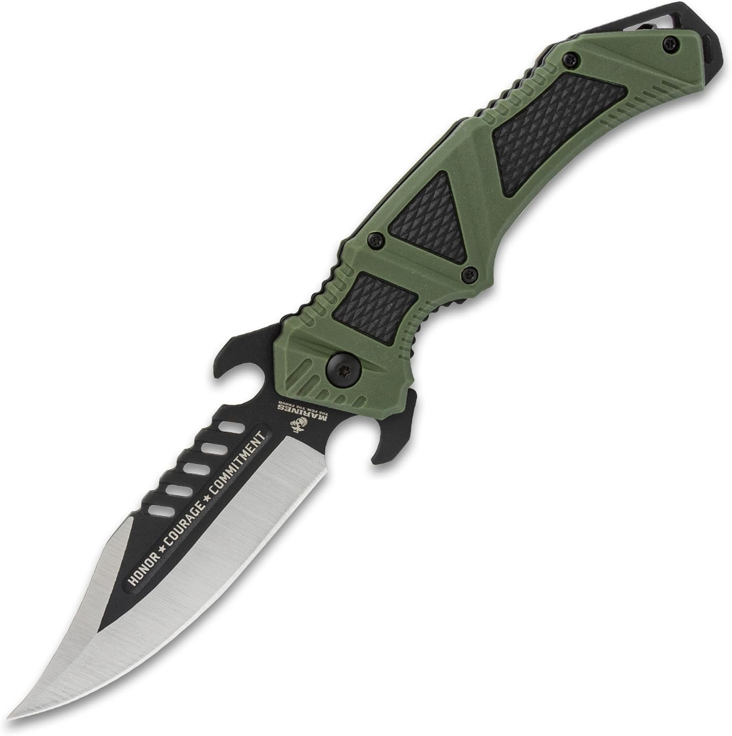 United Cutlery USMC Desert Ops Pocket Knife | 4" Blade | 9" Overall | TPR and TPU Handle | Pocket Clip (Olive Drab)