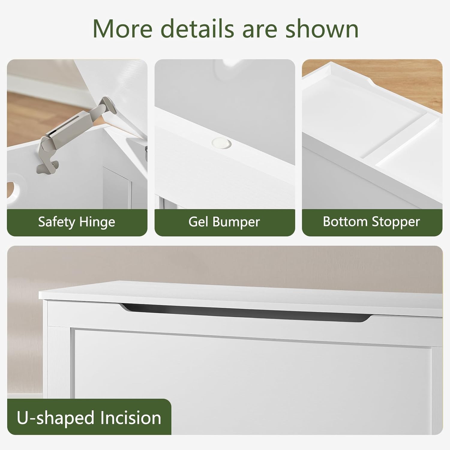 Close-up images showing the safety hinge mechanism, gel bumper, bottom stopper, and U-shaped incision on the usikey toy chest.
