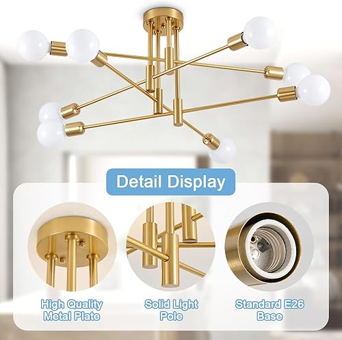 Miniatura 3 de Biewalk Lámpara de araña Sputnik moderna, lámpara de techo de 8 luces de mediados de siglo, lámpara Sputnik para dormitorio, comedor, cocina,