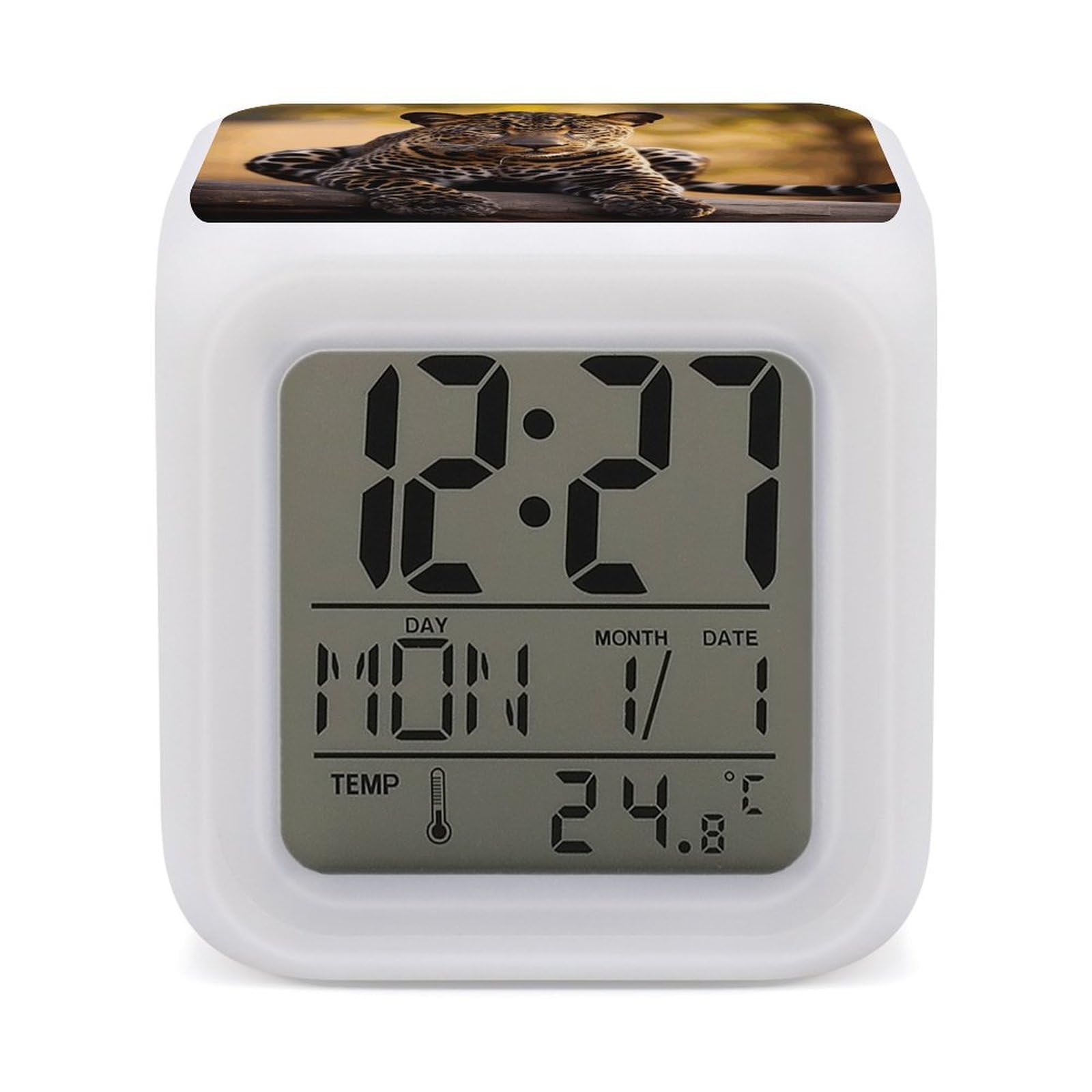VstaDank Africa Nature Leopard Alarm Clock with 7 Color Changing Night Light Date Temp Display Wake Clocks LED Display Digital Clock Electric Desk Clocks for Living Office Bedroom Decor