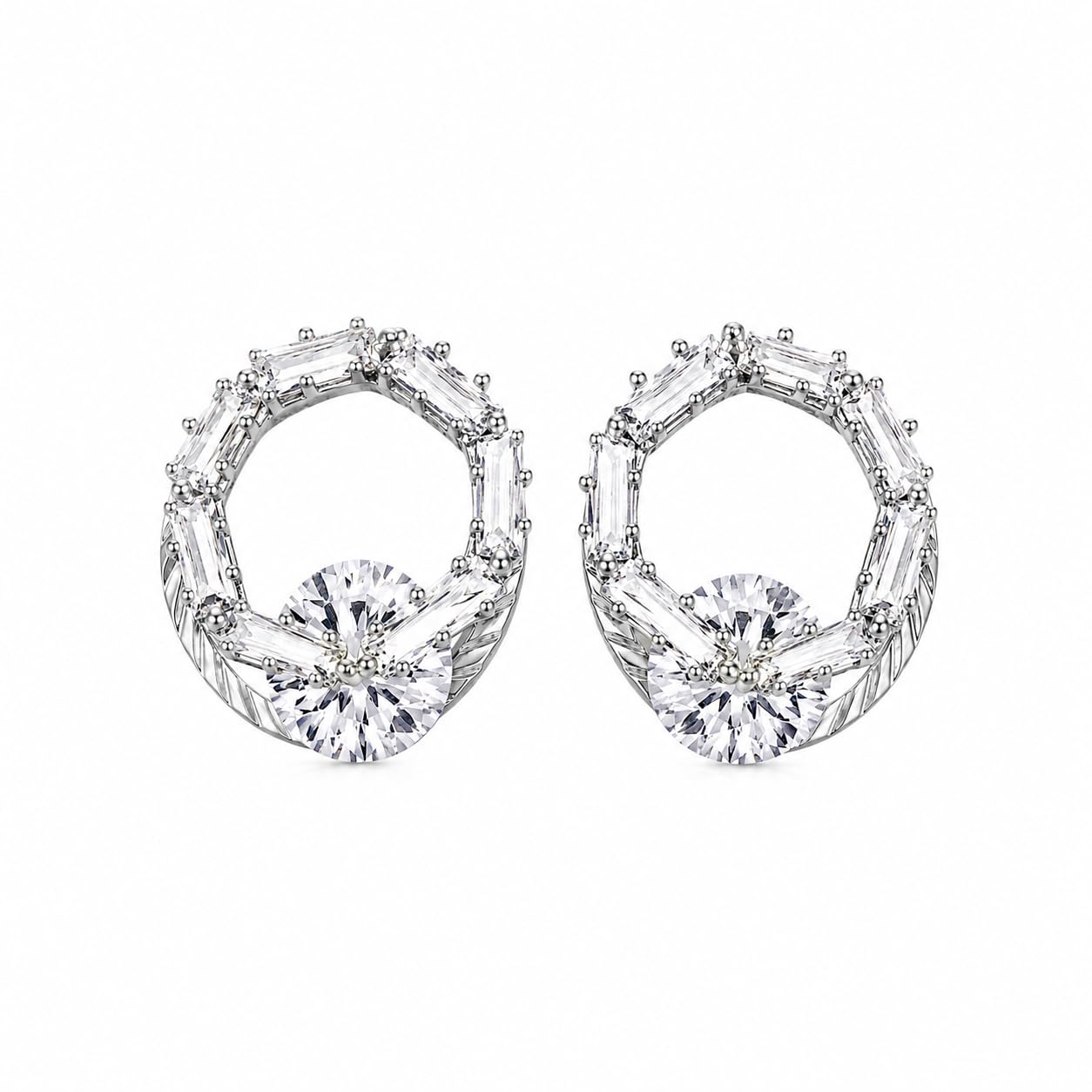Crystal Stud Earrings for Women | Plated Baguette Cut Cubic Zirconia Earrings | Elegant Party, Wedding & Daily Wear Earrings | Lightweight Fashion Jewellery for Girls & Women (Silver)