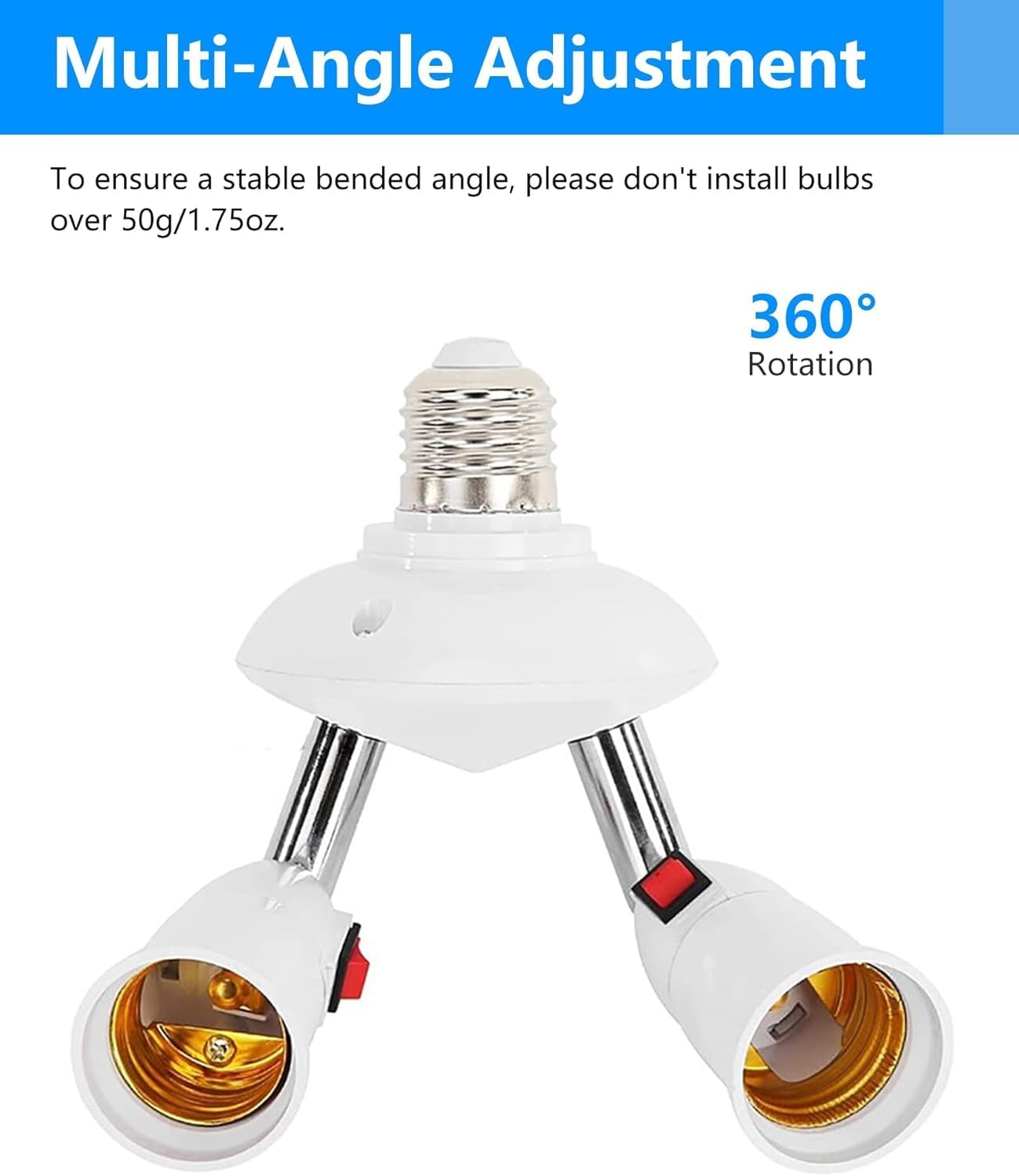 Adjustable Light Socket Extender [2-Pack], 360° Rotation & 180° Bendable Arm, E26 Light Bulb Socket Splitter for Hard-to-Reach Areas, Multi-Light Adapter for Garage, Basement, Corner Lighting