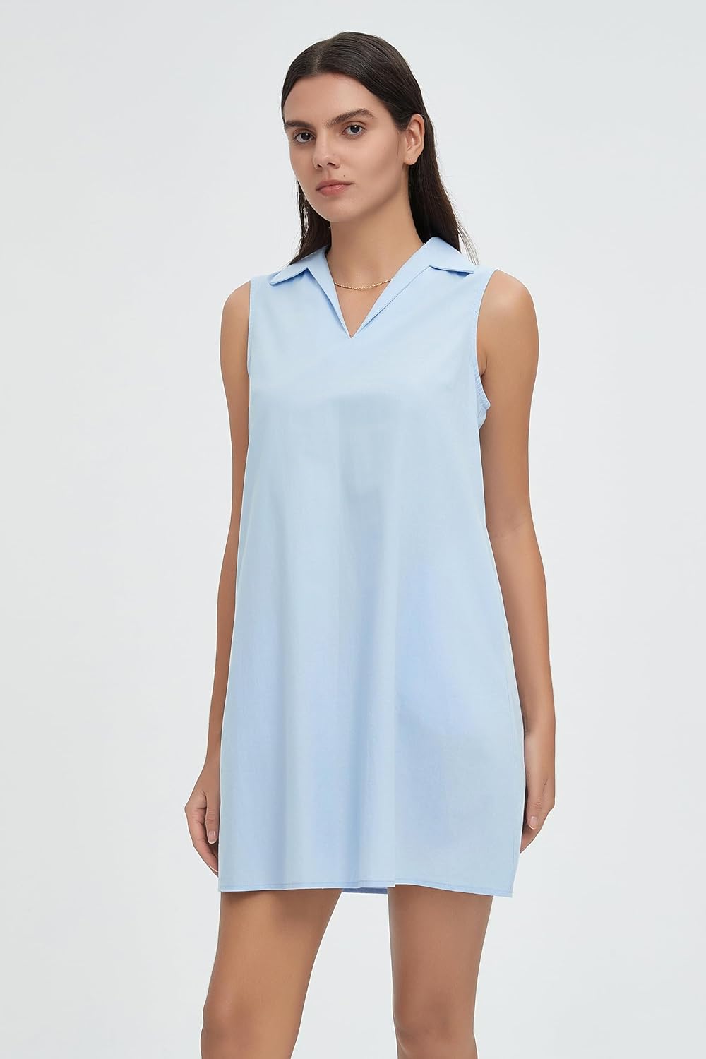 Womens Sleeveless Shirt Dress V Neck Collared Shift Flowy Mini Tank Dresses with Pockets - Image 3