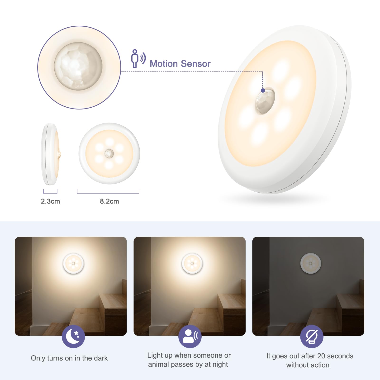OQIMAX Luci con sensore di movimento per interni, confezione da 4 luci da attaccare sotto armadietti, luci notturne alimentate a batteria, con cuscinetto magnetico rimovibile, luci LED per armadio