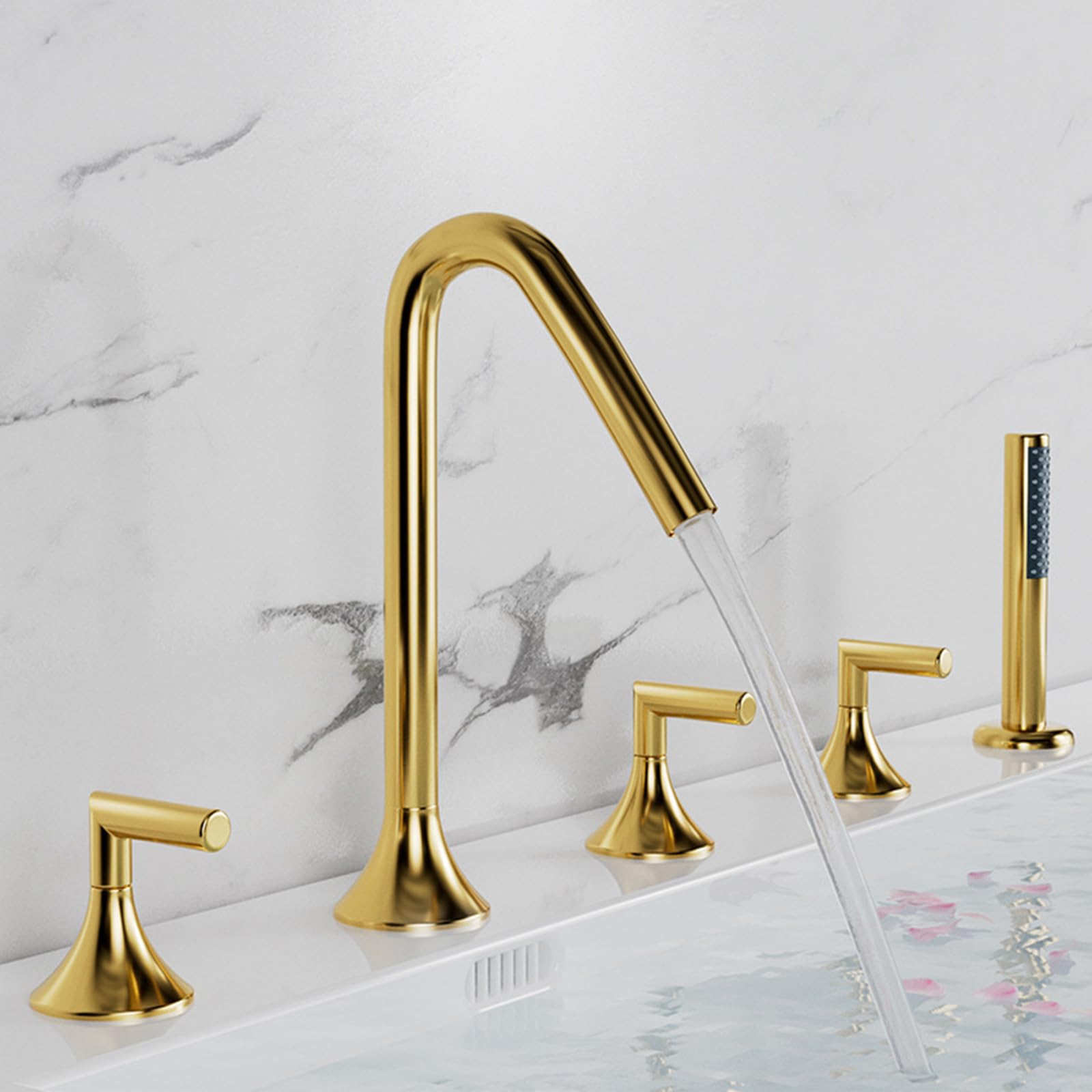 BHGFYXBS Bath Shower Mixer Tap Gold Bathtub Hand Shower Tap Set Bathroom 5 Hole Tub Mixer Faucets 360 Degree Rotating Bath Taps,Gold