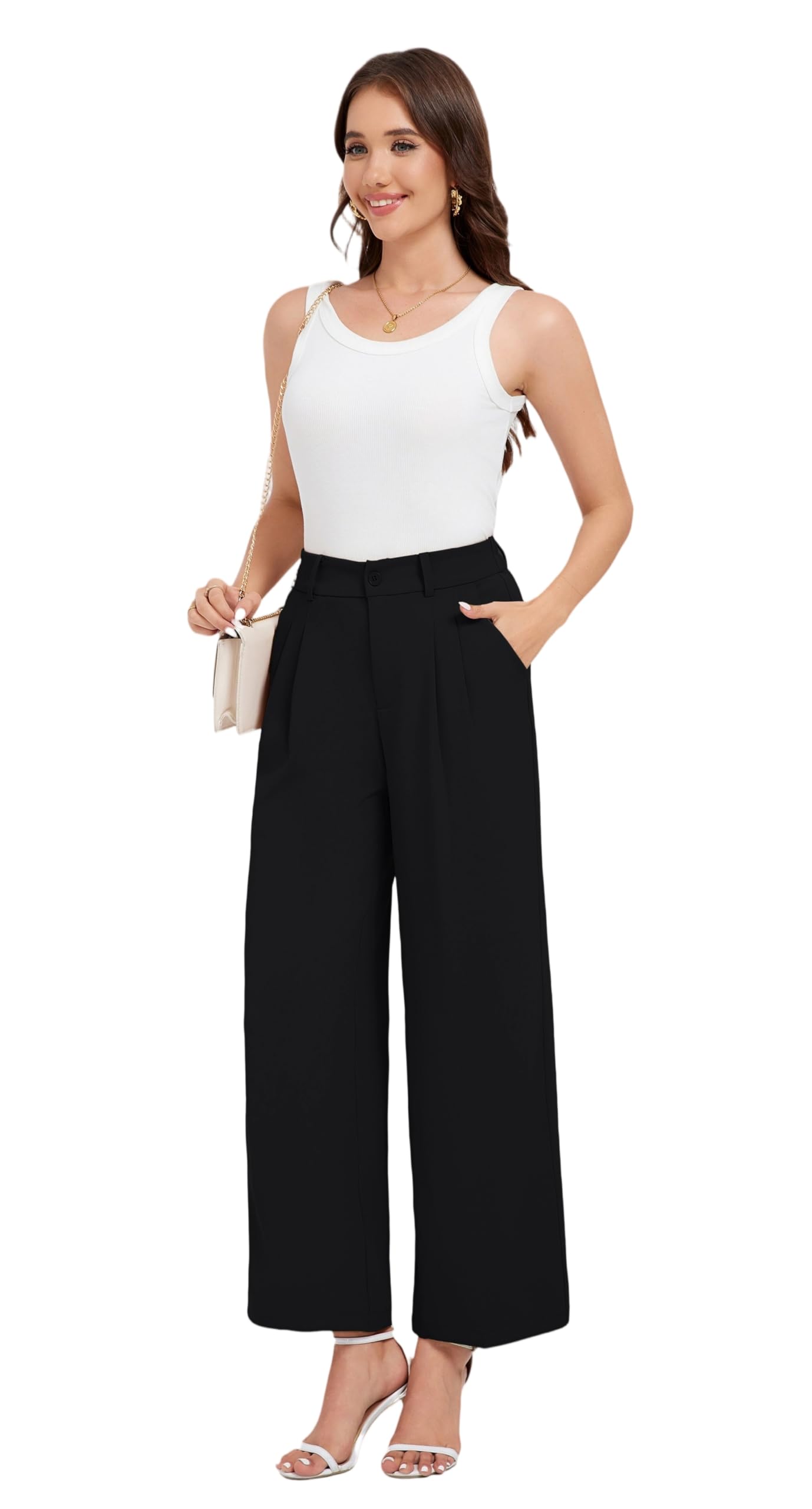 Oyamiki Pantaloni a gamba larga da donna UK casual elastico in vita estate elegante lavoro lavoro palazzo pantaloni con tasche