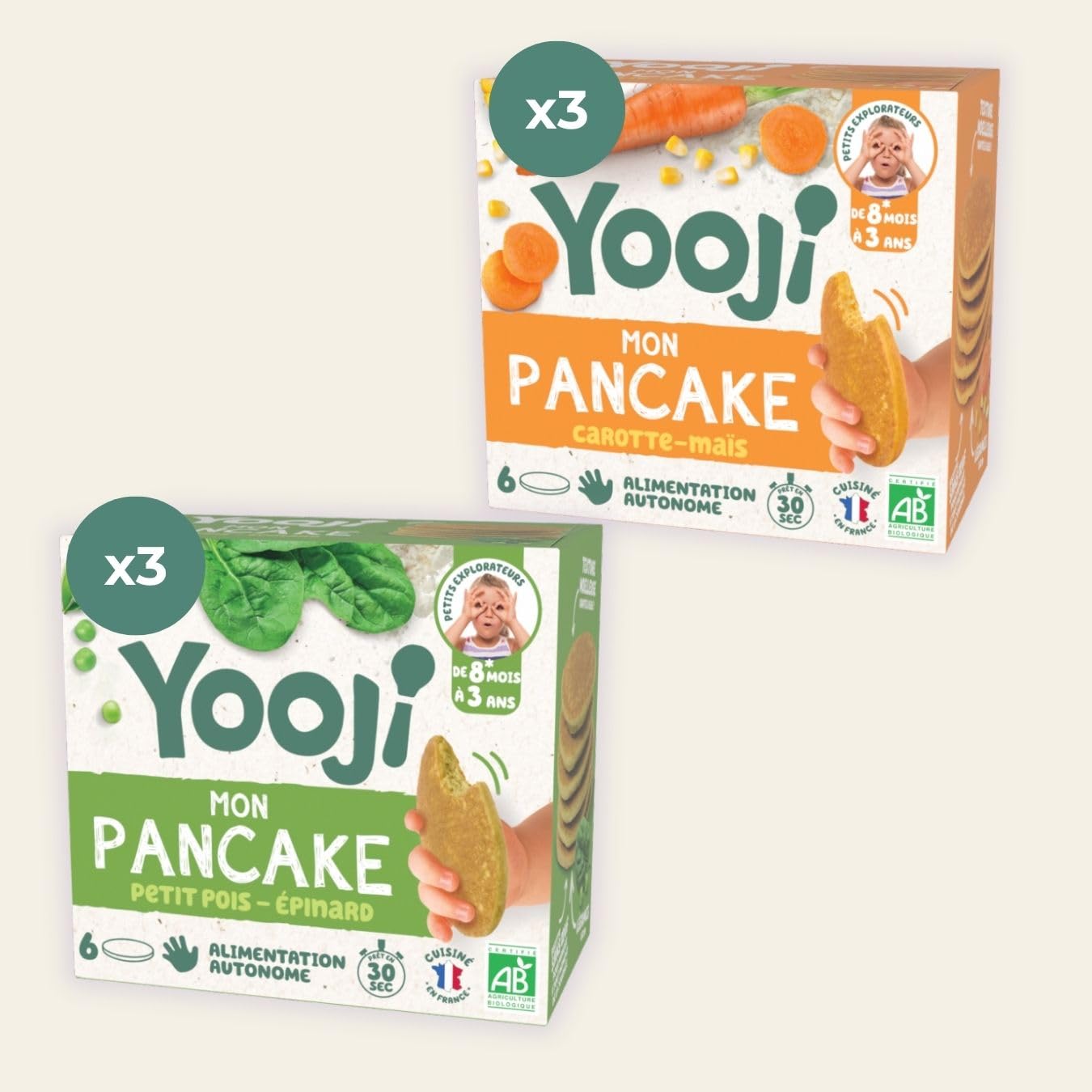 Yooji - Lot x6 Pancakes Petit pois Carotte bio pour repas bébé dès 8 mois - Introduction purée morceaux, Alimentation autonome et DME - 18 repas