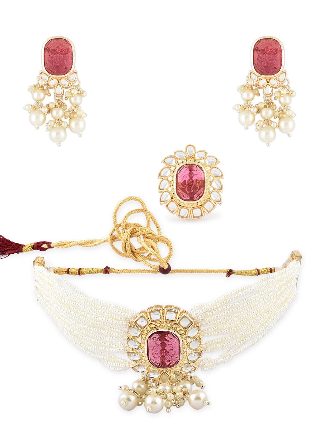 ZAVERI PEARLS Wine Stone Multistrand Pearls Kundan Choker Necklace Earring Ring Set For Women-ZPFK15202 (B0BRNCHDK5) Amazon Price History, Amazon Price Tracker