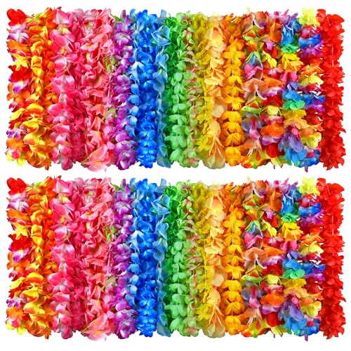 120 Packs Hawaiian Luau Leis Bulk Tropical Hawaii Theme Silk Flower Necklace Summer Beach Party Decorations Birthday Party Favors