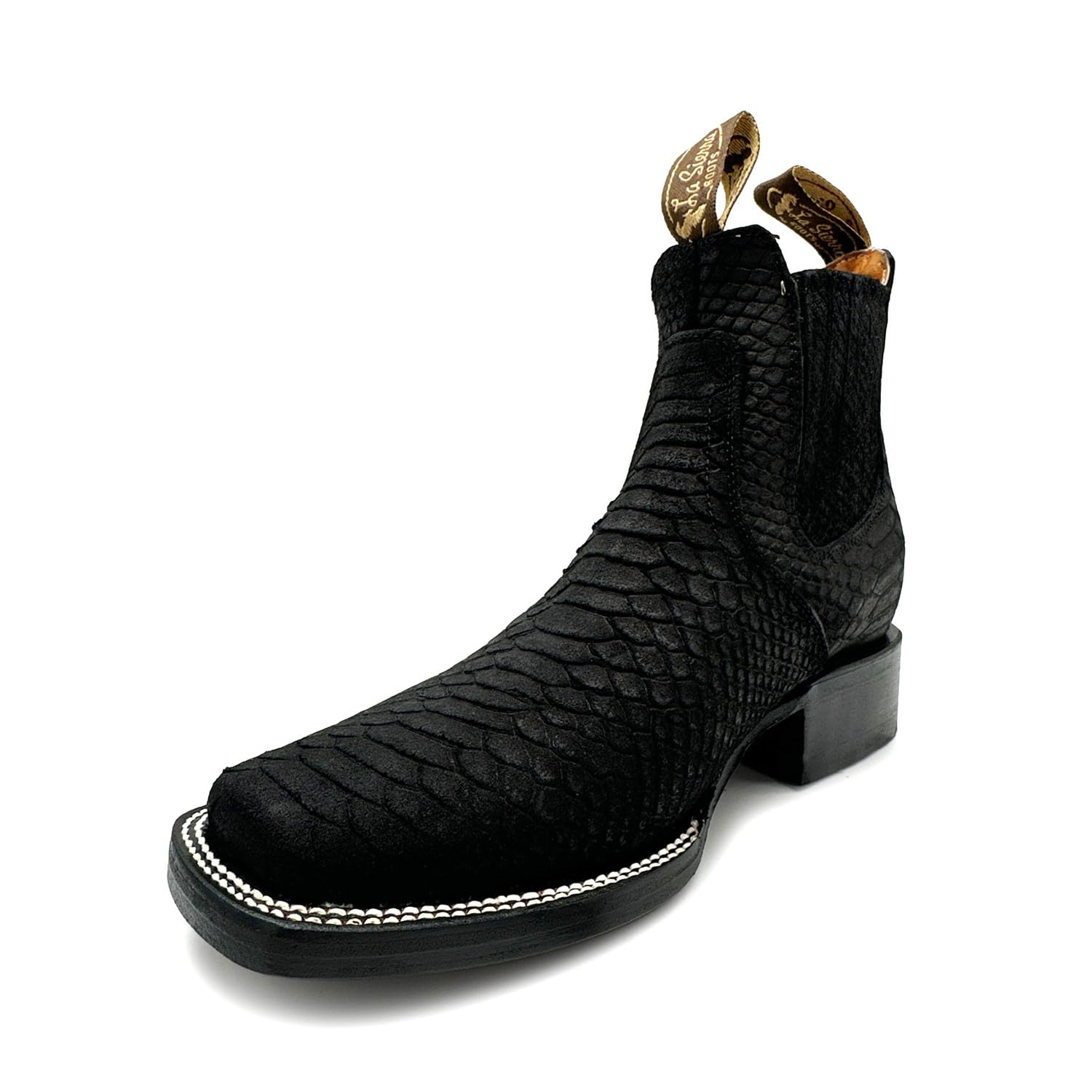 The Western Shops Men’s Genuine Leather Square Toe Embossed Python Snake Print Short Ankle Cowboy Boot