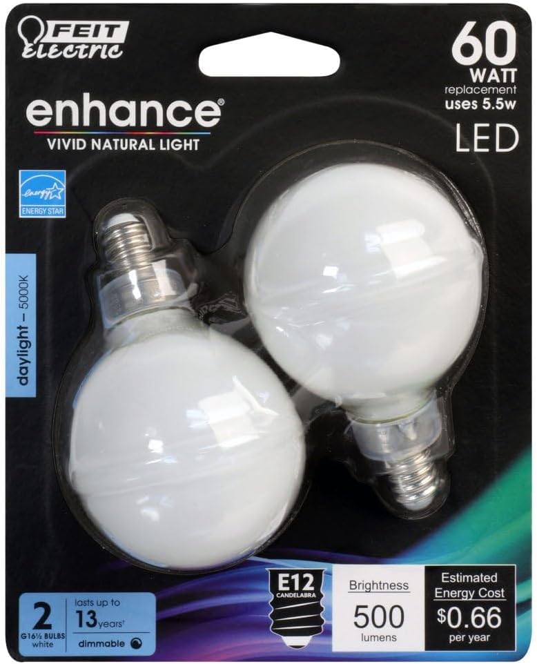 Feit Electric 60W G16.5 E12 5000K Dimmable Led Bulb 2Pk