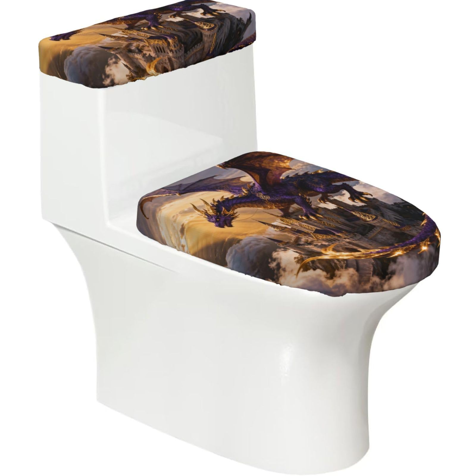 Cntdbu Black Dragon Castle Sky Stretchy Toilet Lid And Tank Cover Set-Soft Elastic Bathroom Decor For U Shape Oval