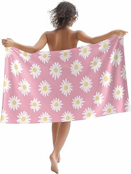 Floral Microfiber Beach Towel Oversized 35x71, Cute White Flowers Pink Swimming Pool Towels for Adult, Absorbent Sand Free Lightweight Beach Towels for Beach Bath Yoga Hotel